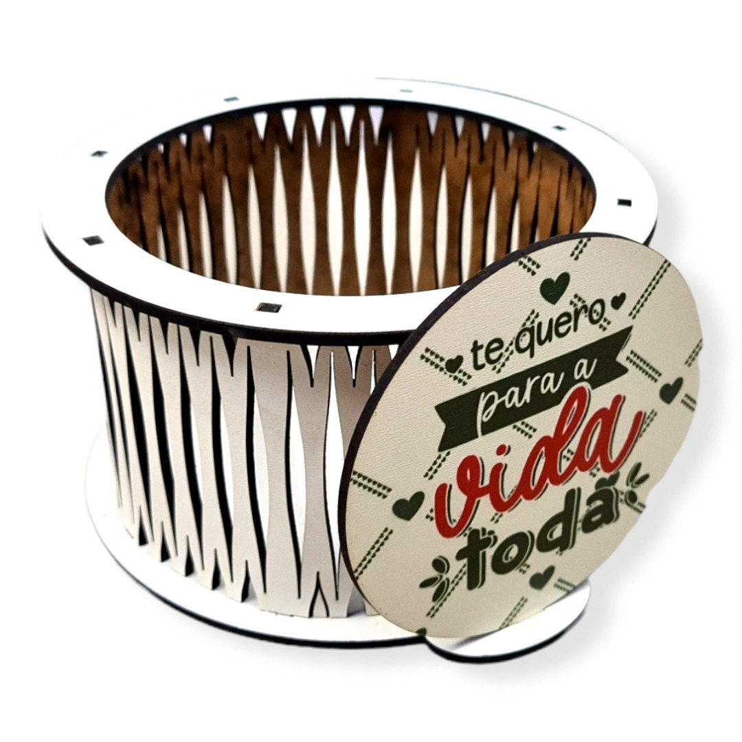 VASO EM MADEIRA C/ PLACA REDONDA VIDA TODA 15X15X10,5CM C/1 UN