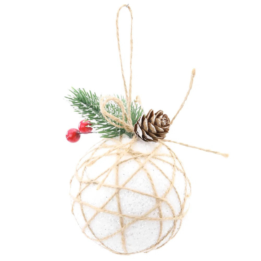 BOLA C/JUTA E GLITER GALHOS BCO/VRD/VRM 8CM JG C/6 PC