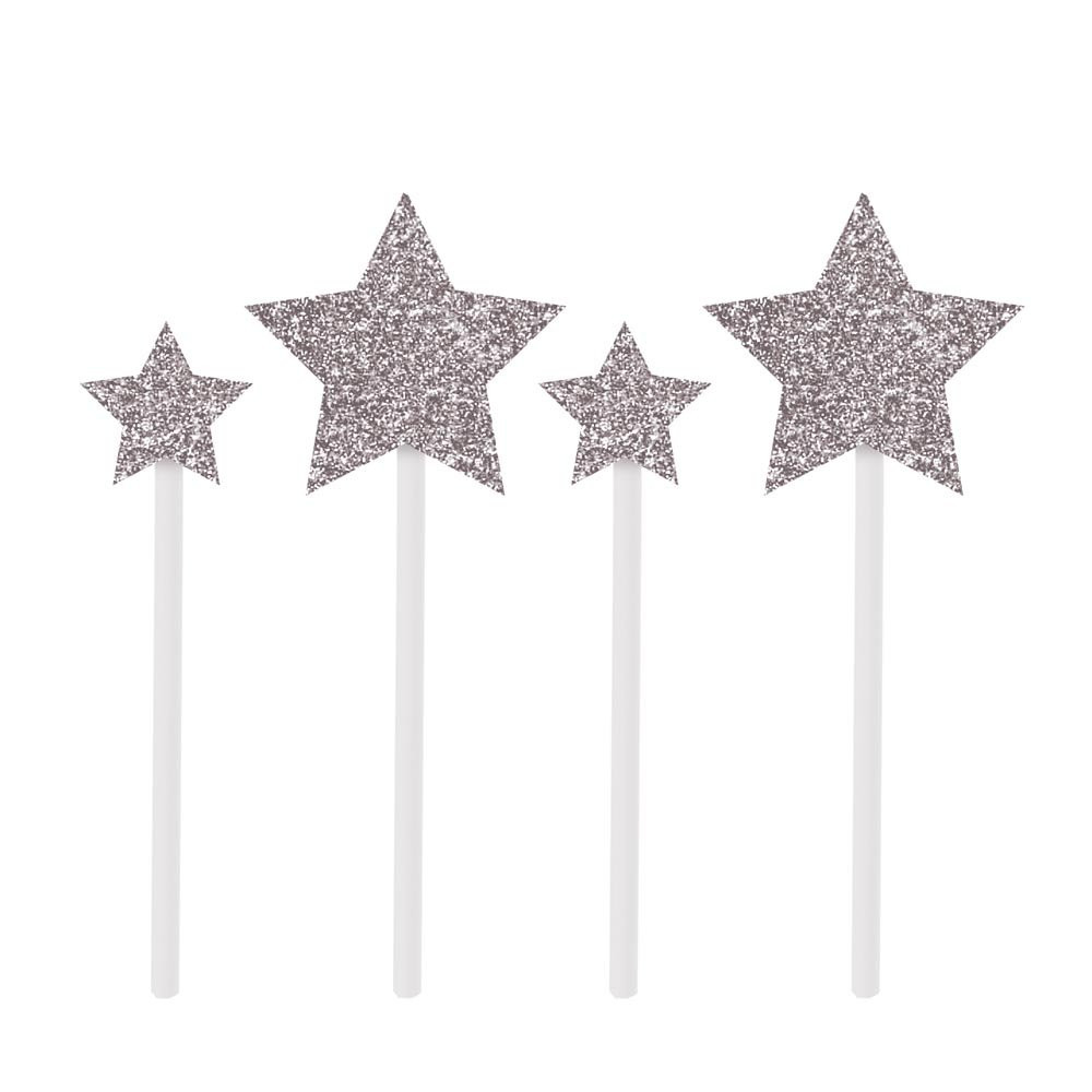 TOPO DE BOLO ESPETO ESTRELAS PRATA PT C/3 UN