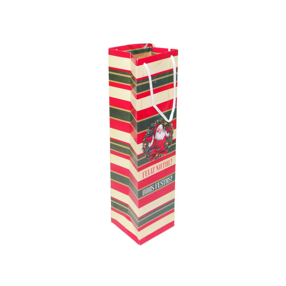 SACOLA VINHO SIMPLES 11,5X8X37CM FELIZ NATAL BOAS FESTAS LISTRADO C/1 UN