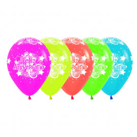 BALAO LATEX IMP 360 NEON FELIZ ANIVERSARIO SORT R12 C/12 UN